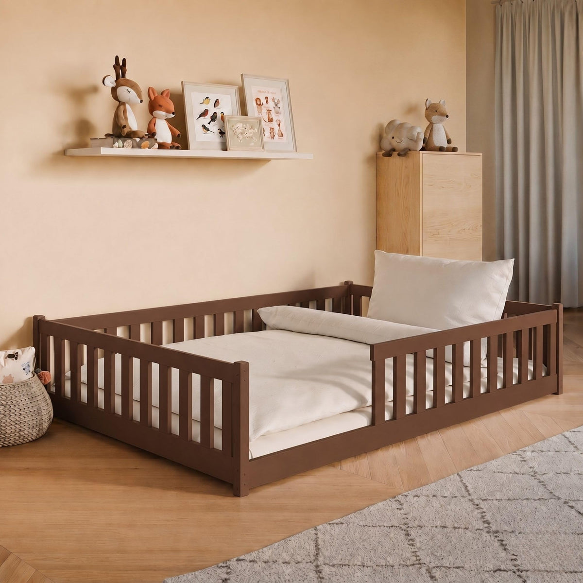 Kids Collective Kinderbett Bodenbett 120x200 cm Bett mit Rausfallschutz & Lattenrost Montessori Bett Bed Gitterbett Kinder Jugendbett Einzelbett