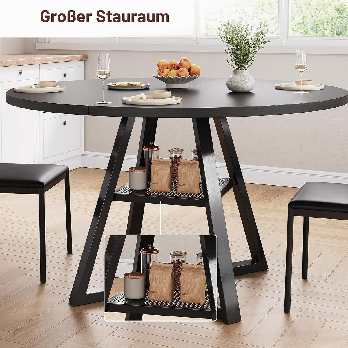 Jocoevol Esstisch Runder für 2 – 4 Personen, Esszimmertisch mit Ablage, platzsparender Küchentisch aus Holz im Industrial Design (Schwarz