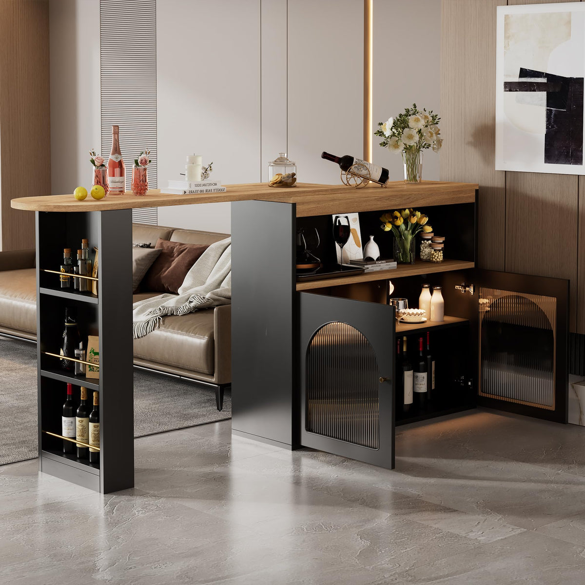 Merax Ausziehbarer Bartisch mit Stauraum, 360° drehbarer Beweglicher Bartisch Küchentheke Kücheninsel Kaffeeecke, mit Offene Ablagefächer