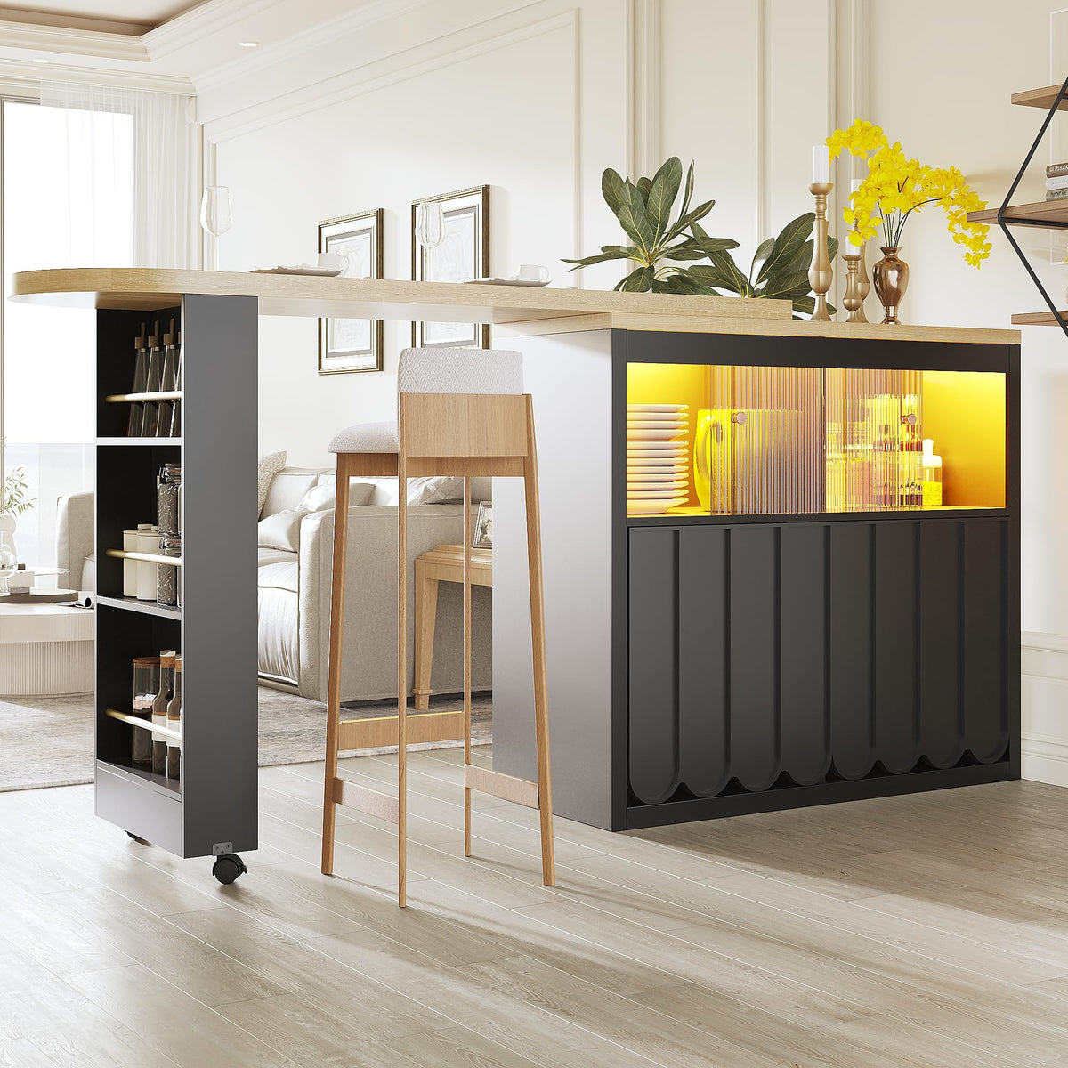 Merax Ausziehbarer Bartisch mit Stauraum, 360° drehbarer Beweglicher Bartisch Küchentheke Kücheninsel Kaffeeecke, mit Offene Ablagefächer