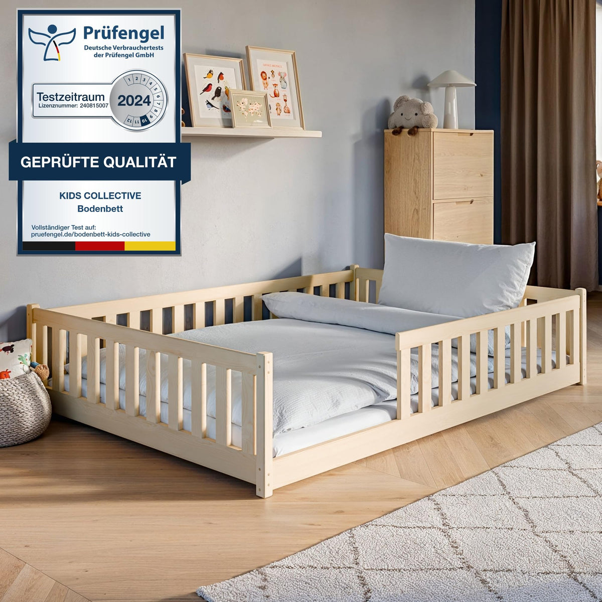 Kids Collective Kinderbett Bodenbett 120x200 cm Bett mit Rausfallschutz & Lattenrost Montessori Bett Bed Gitterbett Kinder Jugendbett Einzelbett