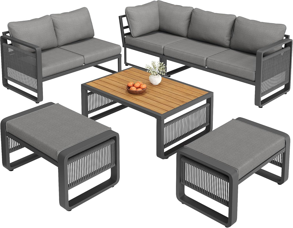 Merax Gartenmöbel Lounge Set Grau für 6 – 7 Personen, Gartensofa mit Liegefunktion, Ecklounge mit Sitzkissen für Terrasse & Balkon