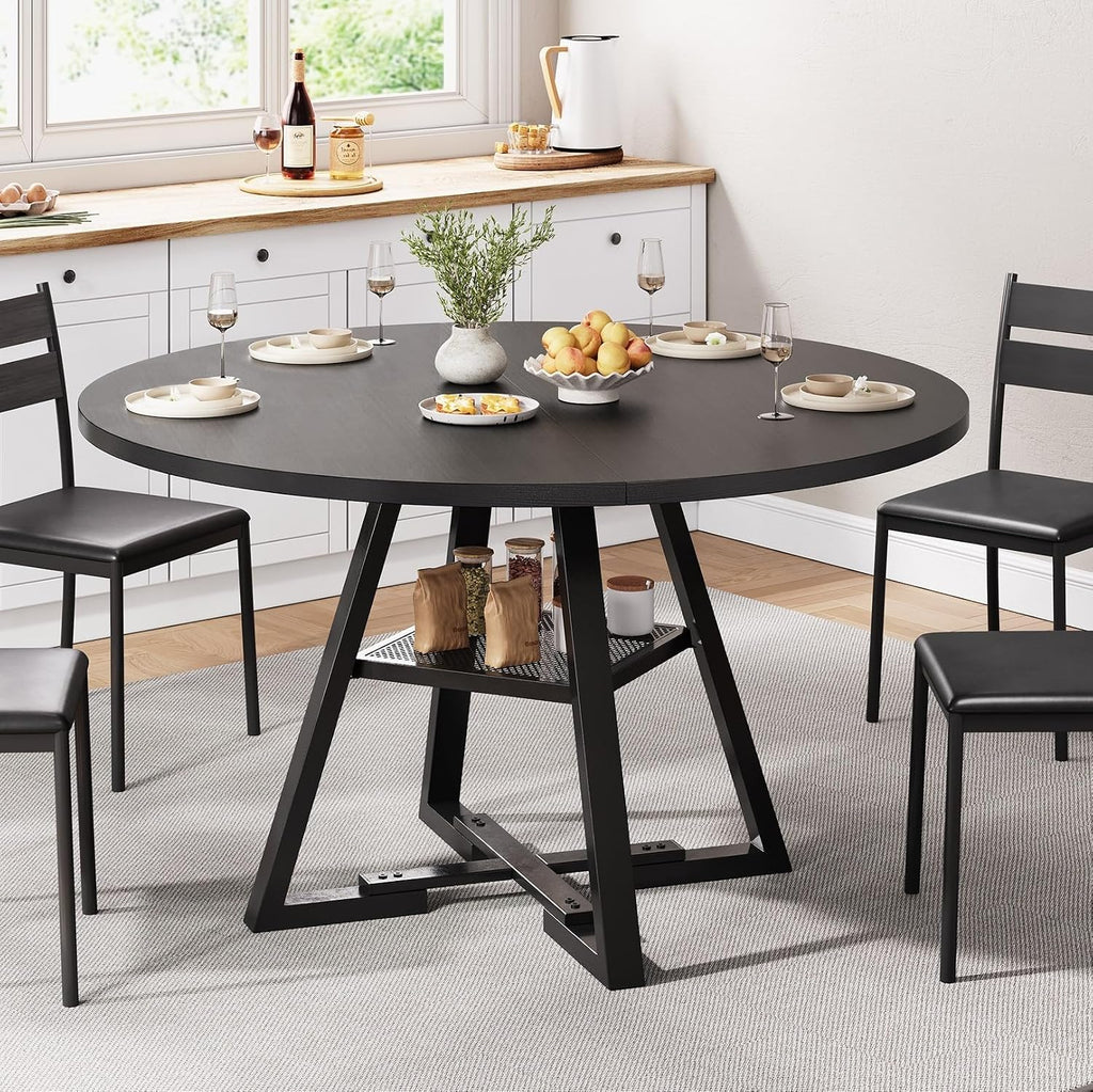 Jocoevol Esstisch Runder für 2 – 4 Personen, Esszimmertisch mit Ablage, platzsparender Küchentisch aus Holz im Industrial Design (Schwarz