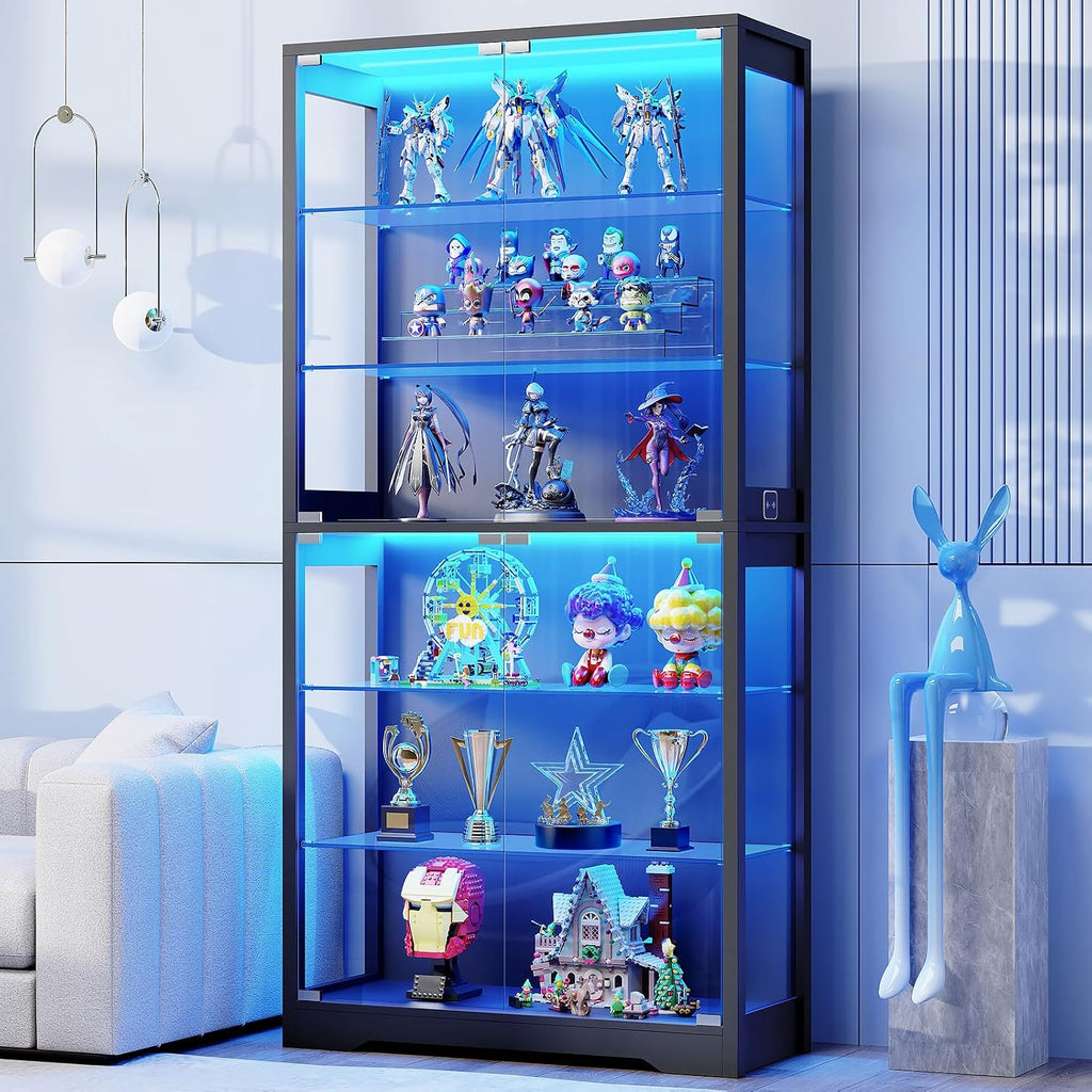 BROTTAR Vitrine mit Glastür, 6-stufige 180cm Vitrine mit 3 Farblichten für Sammlerstücke, Vitrine mit verstellbaren Glasträgern