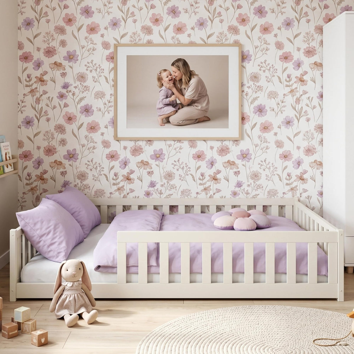 Kids Collective Kinderbett Bodenbett 120x200 cm Bett mit Rausfallschutz & Lattenrost Montessori Bett Bed Gitterbett Kinder Jugendbett Einzelbett