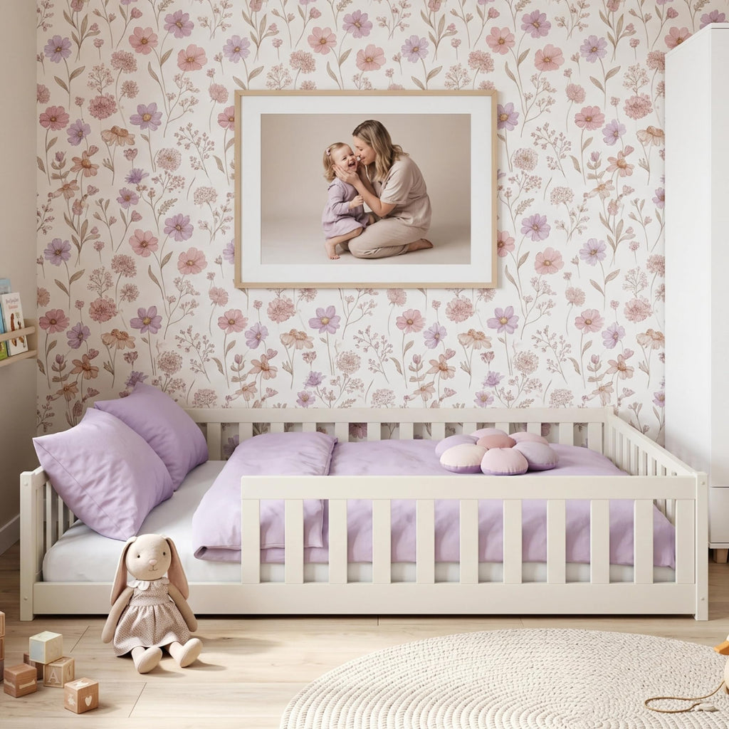 Kids Collective Kinderbett Bodenbett 120x200 cm Bett mit Rausfallschutz & Lattenrost Montessori Bett Bed Gitterbett Kinder Jugendbett Einzelbett