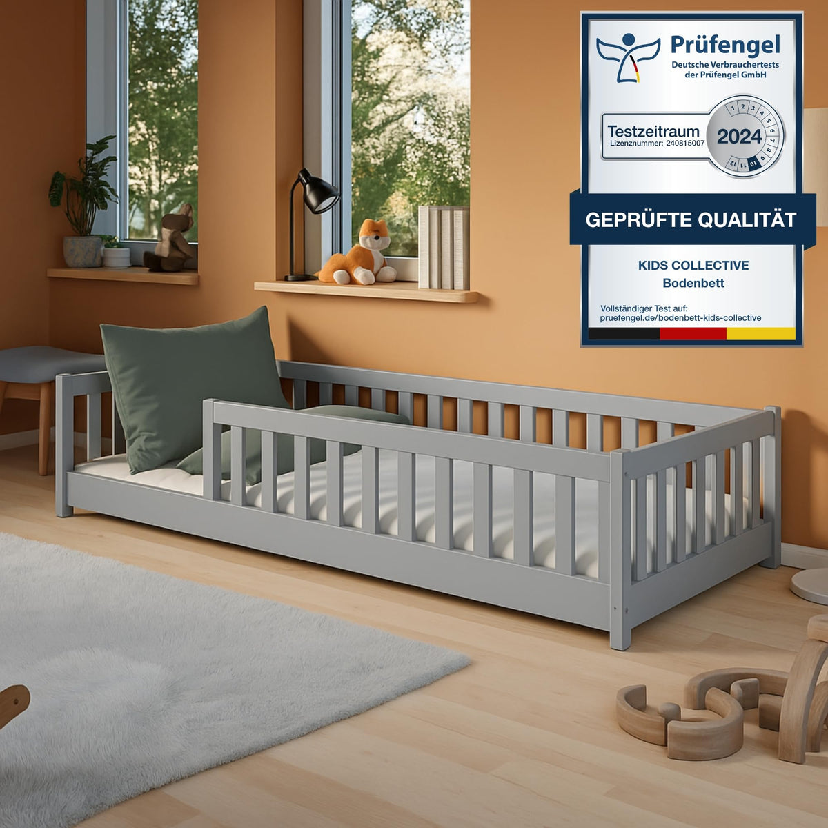 Kids Collective Kinderbett Bodenbett 120x200 cm Bett mit Rausfallschutz & Lattenrost Montessori Bett Bed Gitterbett Kinder Jugendbett Einzelbett