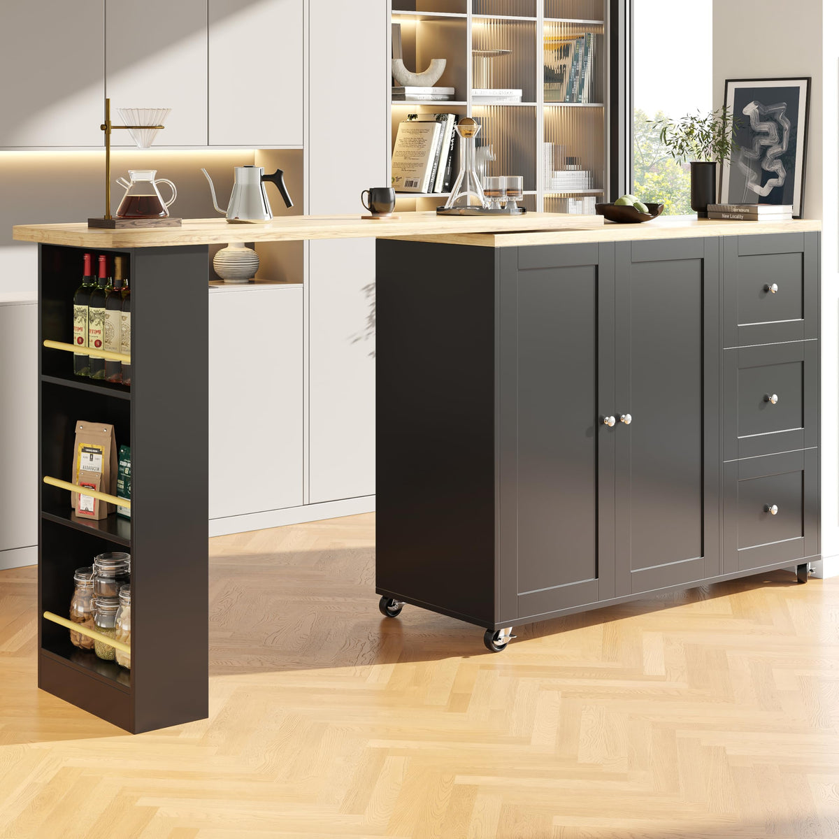 Merax Ausziehbarer Bartisch mit Stauraum, 360° drehbarer Beweglicher Bartisch Küchentheke Kücheninsel Kaffeeecke, mit Offene Ablagefächer