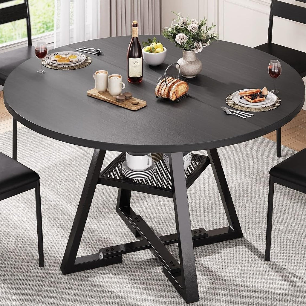 Jocoevol Esstisch Runder für 2 – 4 Personen, Esszimmertisch mit Ablage, platzsparender Küchentisch aus Holz im Industrial Design (Schwarz