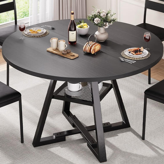 Jocoevol Esstisch Runder für 2 – 4 Personen, Esszimmertisch mit Ablage, platzsparender Küchentisch aus Holz im Industrial Design (Schwarz