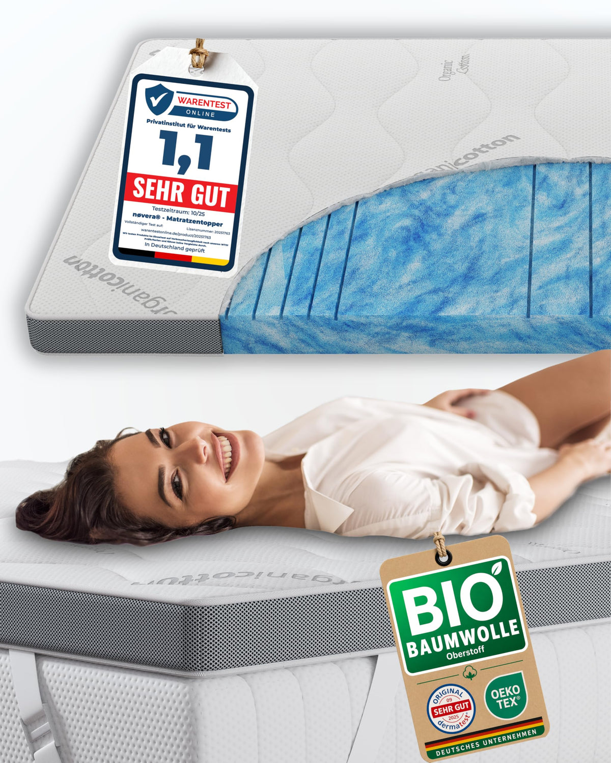 Deluxe Gel Topper 180x200cm – Oberstoff aus 100% Bio-Baumwolle – wolkenweicher 7-Zonen Matratzentopper 180x200cm – Hohes RG 50