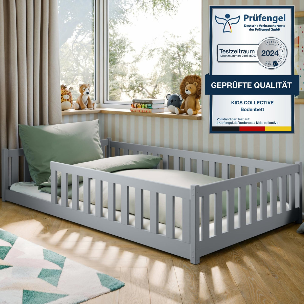 Kids Collective Kinderbett Bodenbett 120x200 cm Bett mit Rausfallschutz & Lattenrost Montessori Bett Bed Gitterbett Kinder Jugendbett Einzelbett