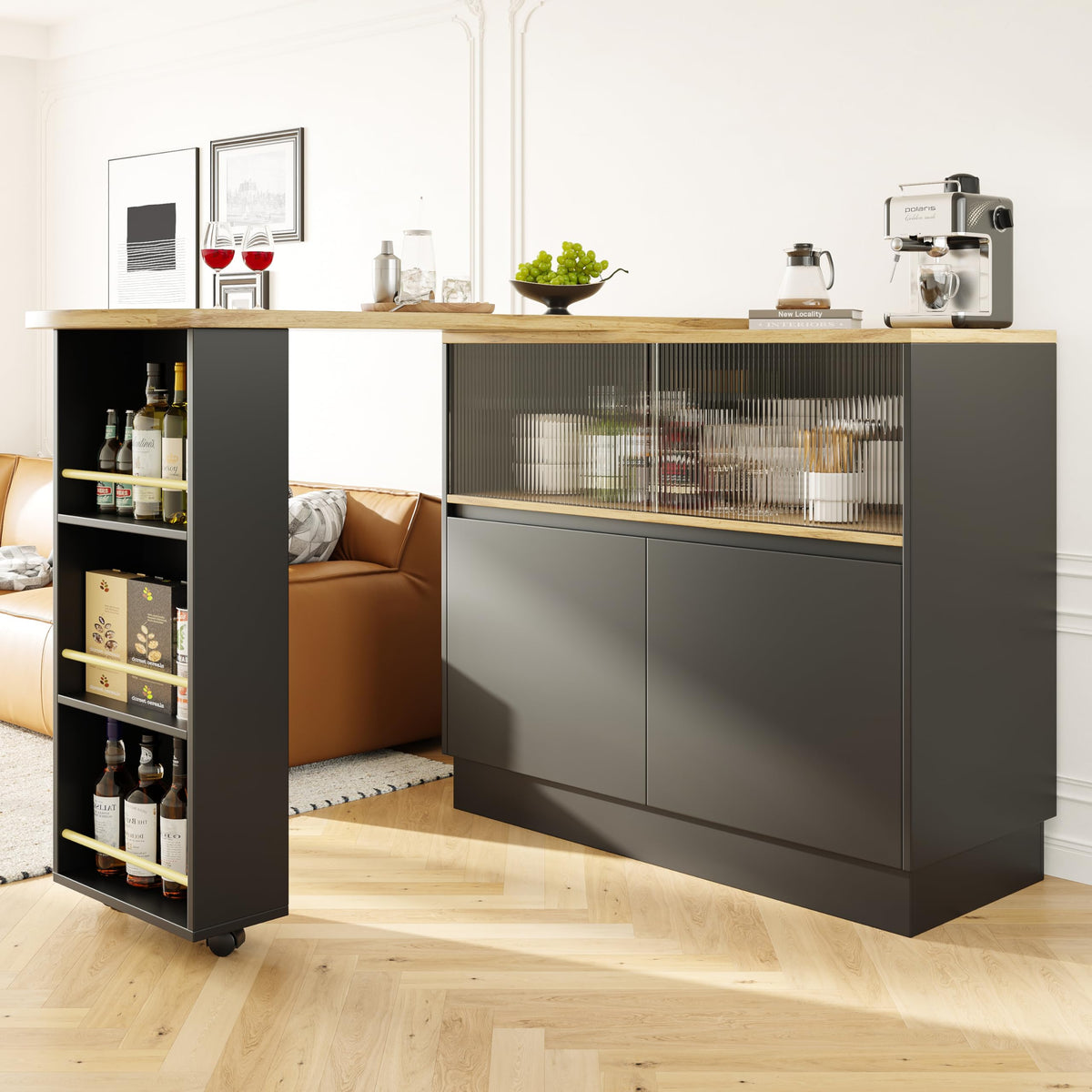 Merax Ausziehbarer Bartisch mit Stauraum, 360° drehbarer Beweglicher Bartisch Küchentheke Kücheninsel Kaffeeecke, mit Offene Ablagefächer