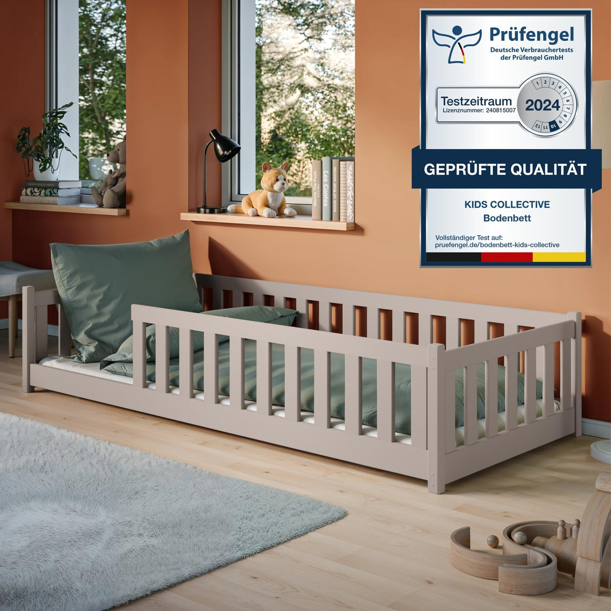 Kids Collective Kinderbett Bodenbett 120x200 cm Bett mit Rausfallschutz & Lattenrost Montessori Bett Bed Gitterbett Kinder Jugendbett Einzelbett