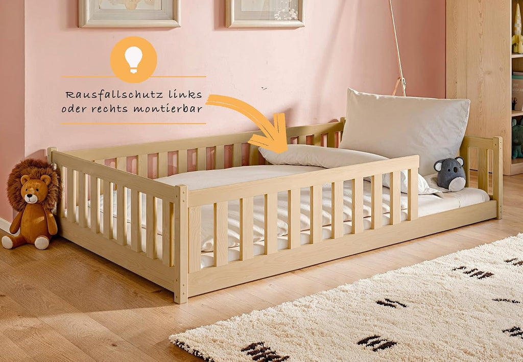 Kids Collective Kinderbett Bodenbett 120x200 cm Bett mit Rausfallschutz & Lattenrost Montessori Bett Bed Gitterbett Kinder Jugendbett Einzelbett