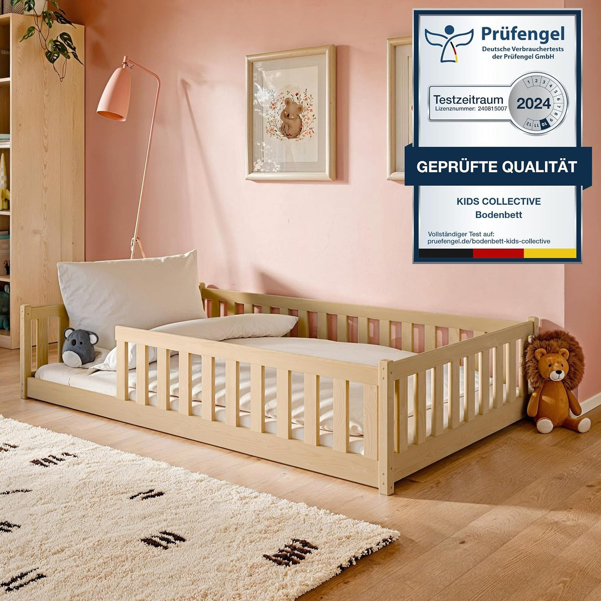 Kids Collective Kinderbett Bodenbett 120x200 cm Bett mit Rausfallschutz & Lattenrost Montessori Bett Bed Gitterbett Kinder Jugendbett Einzelbett
