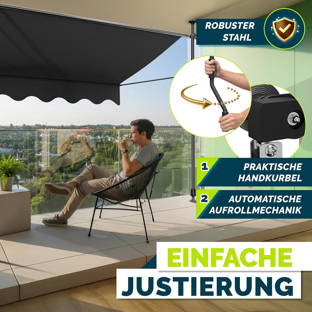 tillvex Klemmmarkise 350cm breit mit Handkurbel – Balkonmarkise ohne Bohren