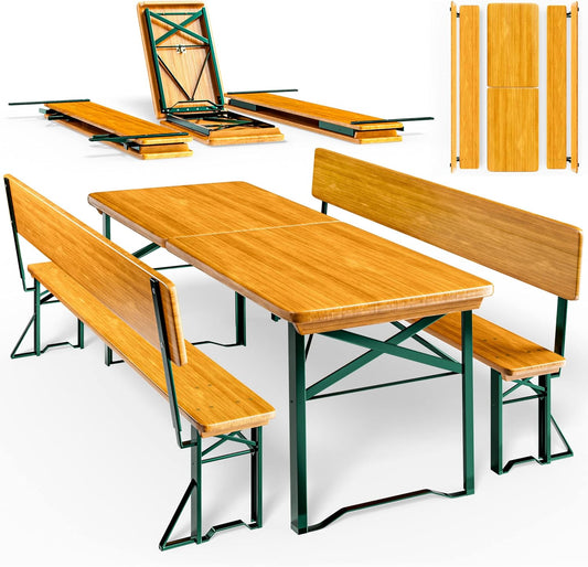Casaria Bierzeltgarnitur 170 cm mit Lehne, 3-teilig aus Holz & Stahl, klappbar, Braun, Tisch mit 2 Bierbänken