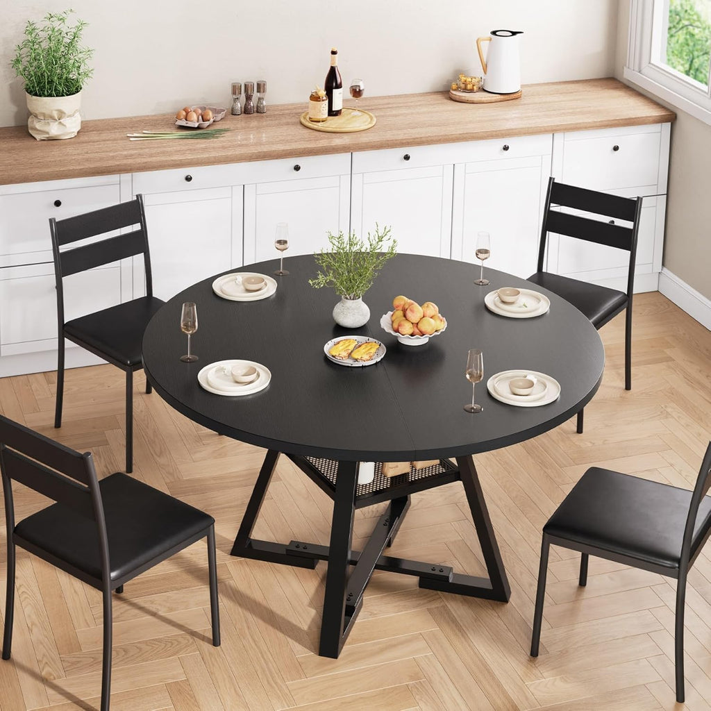 Jocoevol Esstisch Runder für 2 – 4 Personen, Esszimmertisch mit Ablage, platzsparender Küchentisch aus Holz im Industrial Design (Schwarz
