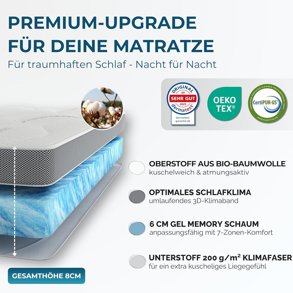 Deluxe Gel Topper 180x200cm – Oberstoff aus 100% Bio-Baumwolle – wolkenweicher 7-Zonen Matratzentopper 180x200cm – Hohes RG 50