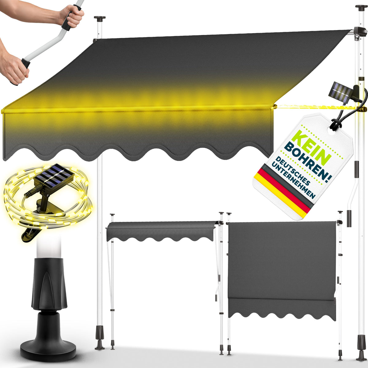 tillvex Klemmmarkise 350cm breit mit Handkurbel – Balkonmarkise ohne Bohren