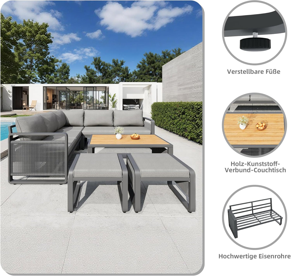 Merax Gartenmöbel Lounge Set Grau für 6 – 7 Personen, Gartensofa mit Liegefunktion, Ecklounge mit Sitzkissen für Terrasse & Balkon