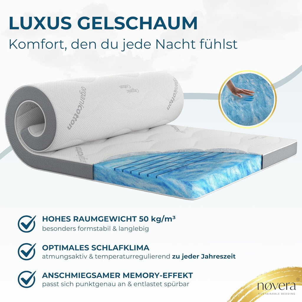 Deluxe Gel Topper 180x200cm – Oberstoff aus 100% Bio-Baumwolle – wolkenweicher 7-Zonen Matratzentopper 180x200cm – Hohes RG 50