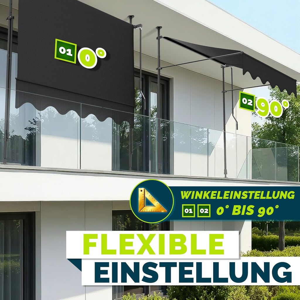 tillvex Klemmmarkise 350cm breit mit Handkurbel – Balkonmarkise ohne Bohren