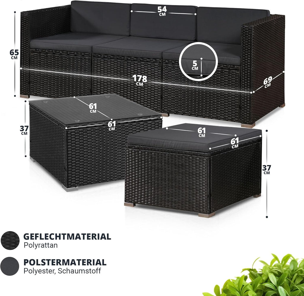 Juskys Polyrattan Lounge Set Punta Cana für 3 – 4 Personen – Gartenmöbel Set mit Sofa, Hocker, Tisch & Kissen