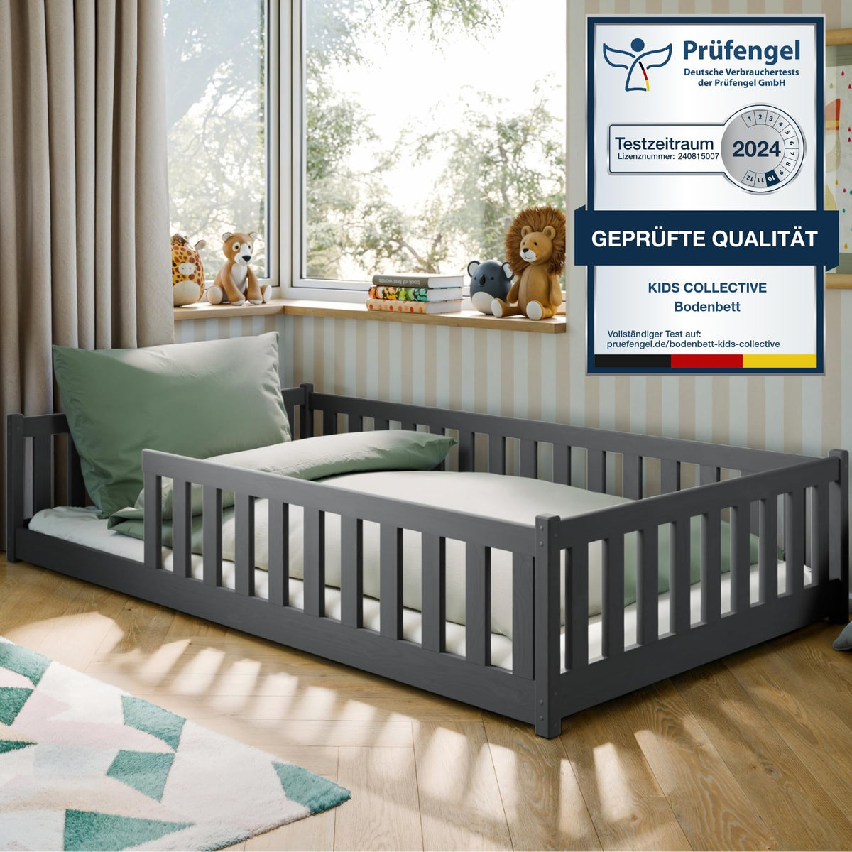 Kids Collective Kinderbett Bodenbett 120x200 cm Bett mit Rausfallschutz & Lattenrost Montessori Bett Bed Gitterbett Kinder Jugendbett Einzelbett