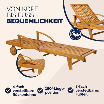Casaria Sonnenliege 2er Set Akazienholz Braun – Klappbare Gartenliege mit Rädern, Ausziehtisch & verstellbarer Rückenlehne