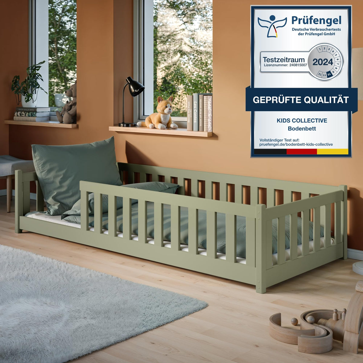 Kids Collective Kinderbett Bodenbett 120x200 cm Bett mit Rausfallschutz & Lattenrost Montessori Bett Bed Gitterbett Kinder Jugendbett Einzelbett