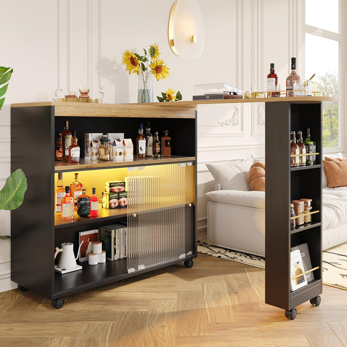 Merax Ausziehbarer Bartisch mit Stauraum, 360° drehbarer Beweglicher Bartisch Küchentheke Kücheninsel Kaffeeecke, mit Offene Ablagefächer