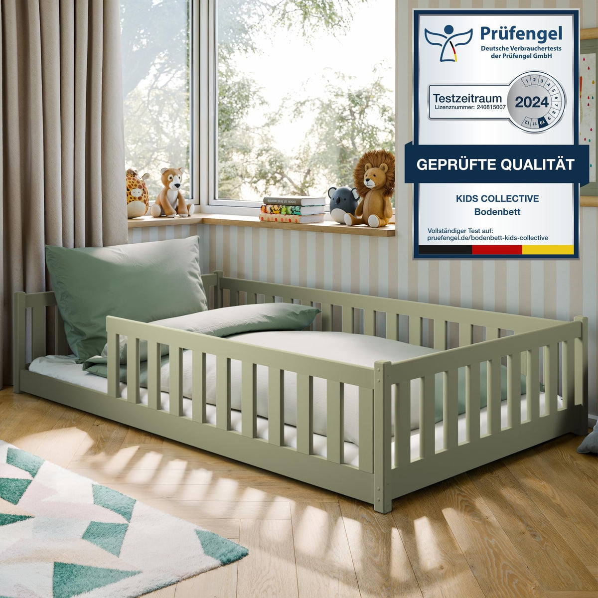 Kids Collective Kinderbett Bodenbett 120x200 cm Bett mit Rausfallschutz & Lattenrost Montessori Bett Bed Gitterbett Kinder Jugendbett Einzelbett
