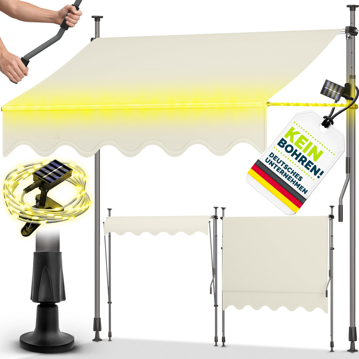tillvex Klemmmarkise 350cm breit mit Handkurbel – Balkonmarkise ohne Bohren