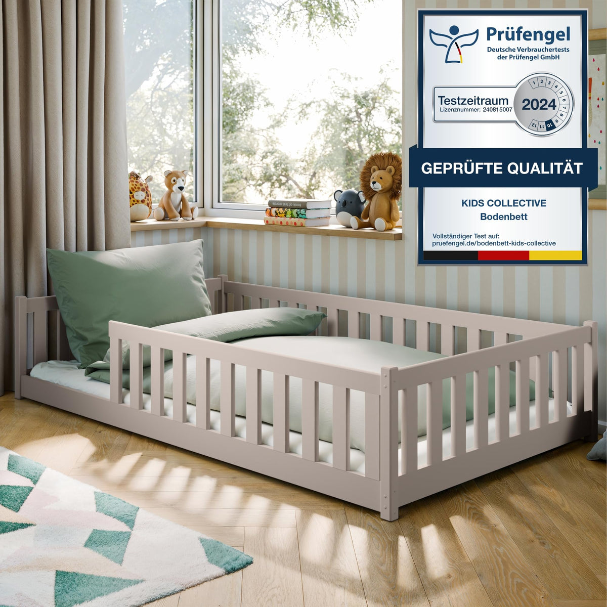 Kids Collective Kinderbett Bodenbett 120x200 cm Bett mit Rausfallschutz & Lattenrost Montessori Bett Bed Gitterbett Kinder Jugendbett Einzelbett