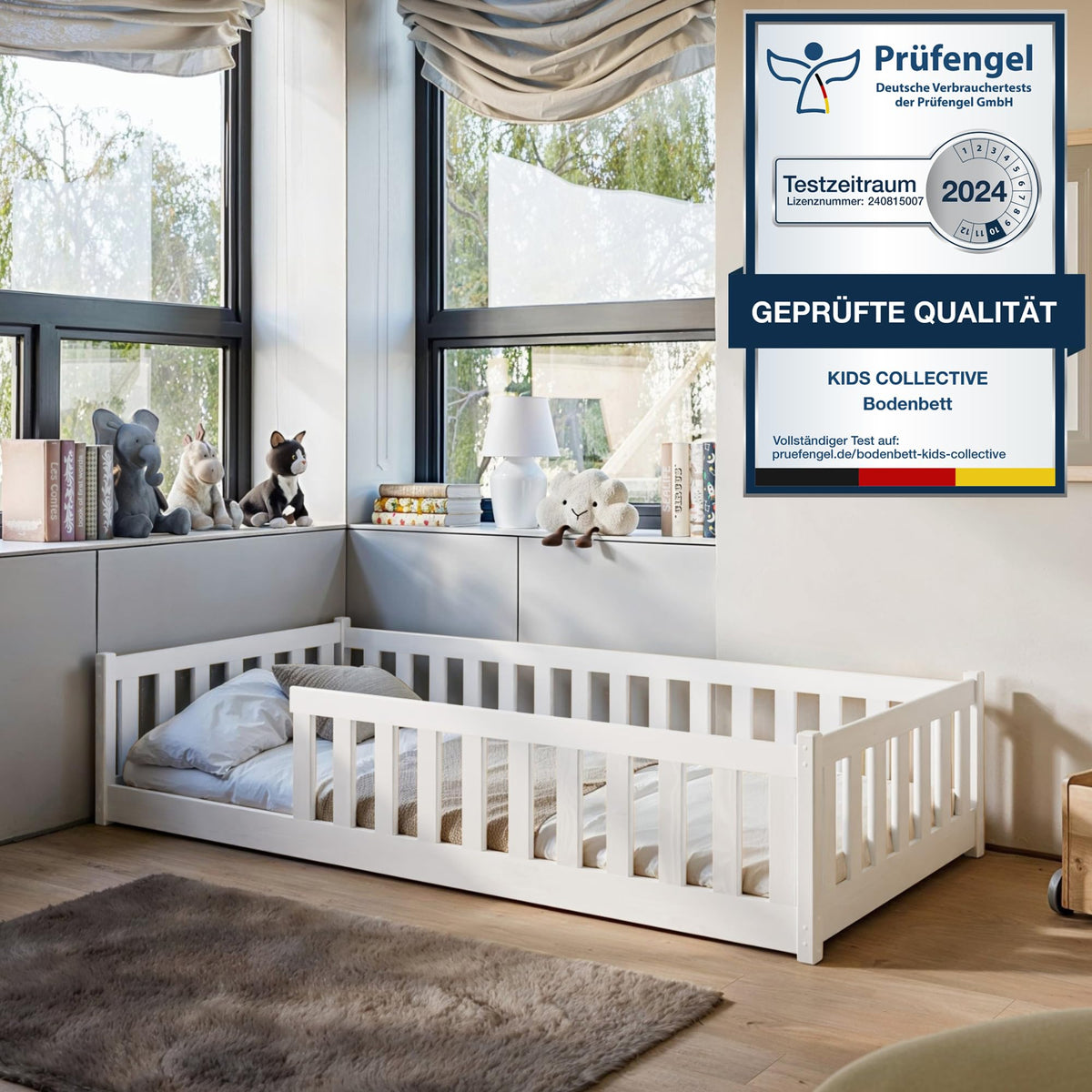 Kids Collective Kinderbett Bodenbett 120x200 cm Bett mit Rausfallschutz & Lattenrost Montessori Bett Bed Gitterbett Kinder Jugendbett Einzelbett