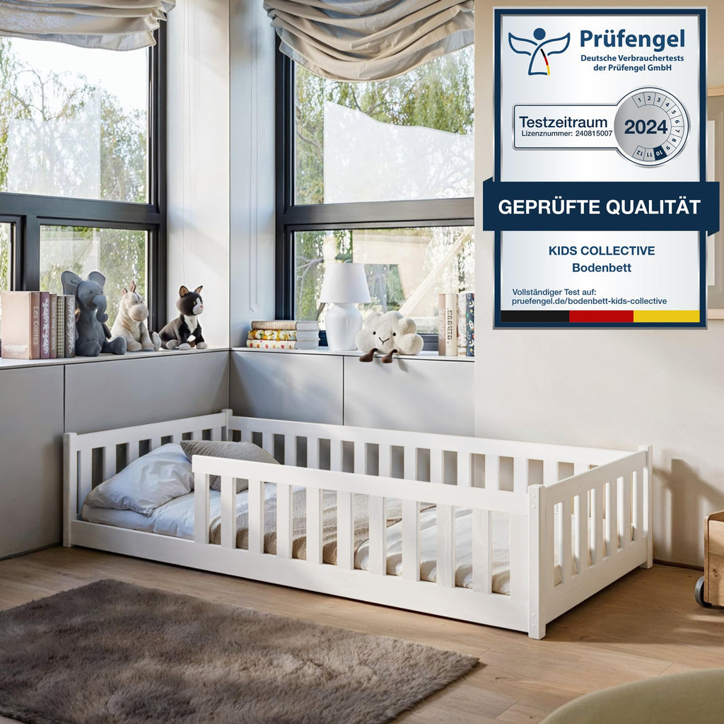 Kids Collective Kinderbett Bodenbett 120x200 cm Bett mit Rausfallschutz & Lattenrost Montessori Bett Bed Gitterbett Kinder Jugendbett Einzelbett