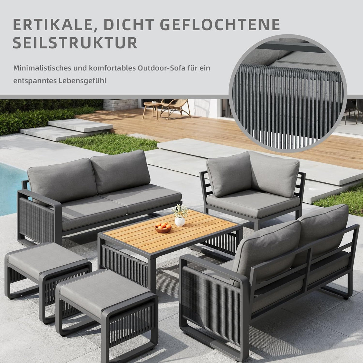 Merax Gartenmöbel Lounge Set Grau für 6 – 7 Personen, Gartensofa mit Liegefunktion, Ecklounge mit Sitzkissen für Terrasse & Balkon