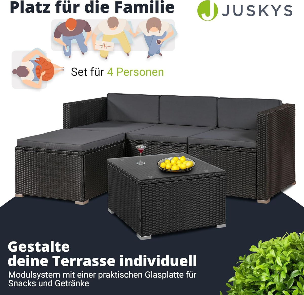 Juskys Polyrattan Lounge Set Punta Cana für 3 – 4 Personen – Gartenmöbel Set mit Sofa, Hocker, Tisch & Kissen