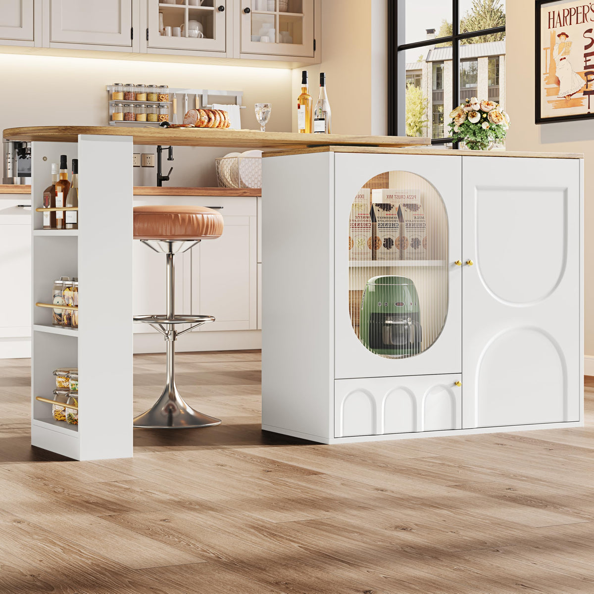 Merax Ausziehbarer Bartisch mit Stauraum, 360° drehbarer Beweglicher Bartisch Küchentheke Kücheninsel Kaffeeecke, mit Offene Ablagefächer