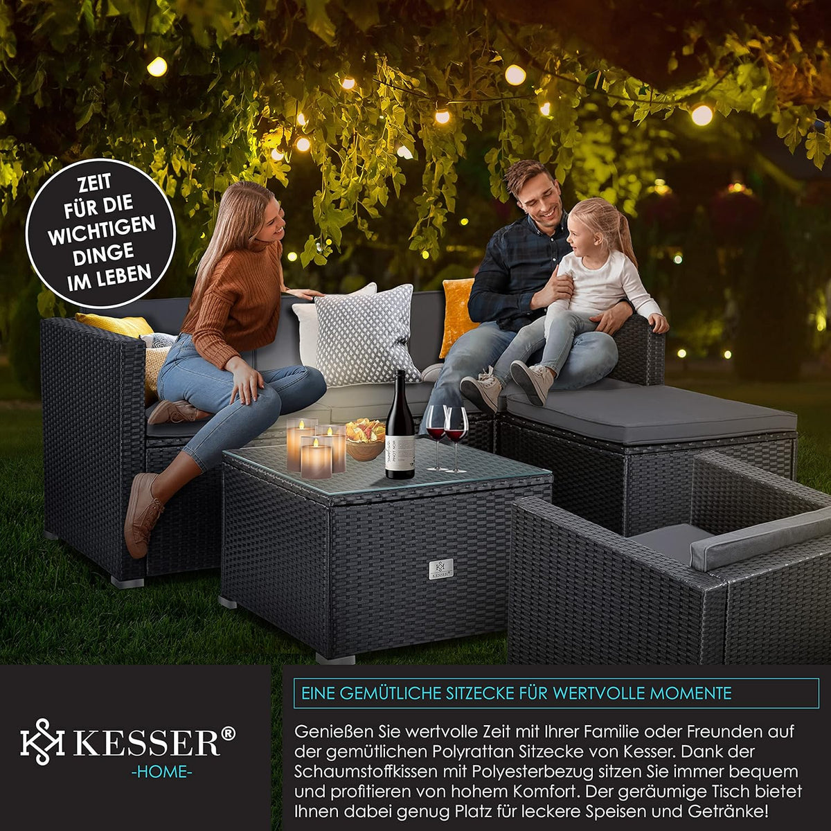 KESSER Polyrattan Lounge Aruba Anthrazit für 4 – 5 Personen – Gartenmöbel Set mit Sofa, Sessel, Hocker & Tisch