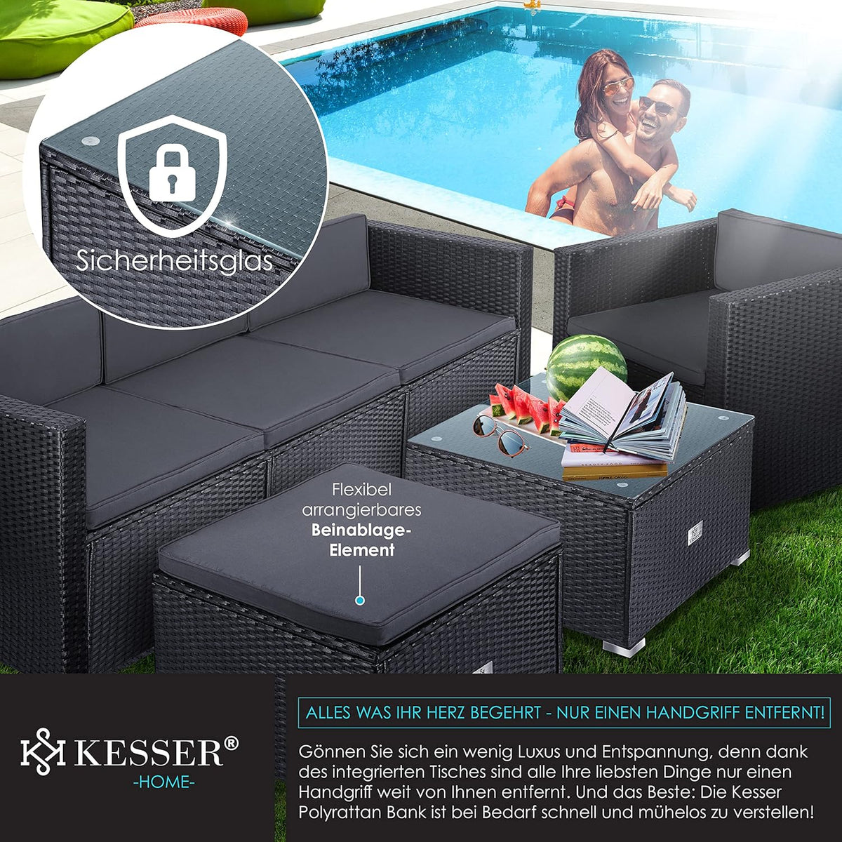 KESSER Polyrattan Lounge Aruba Anthrazit für 4 – 5 Personen – Gartenmöbel Set mit Sofa, Sessel, Hocker & Tisch