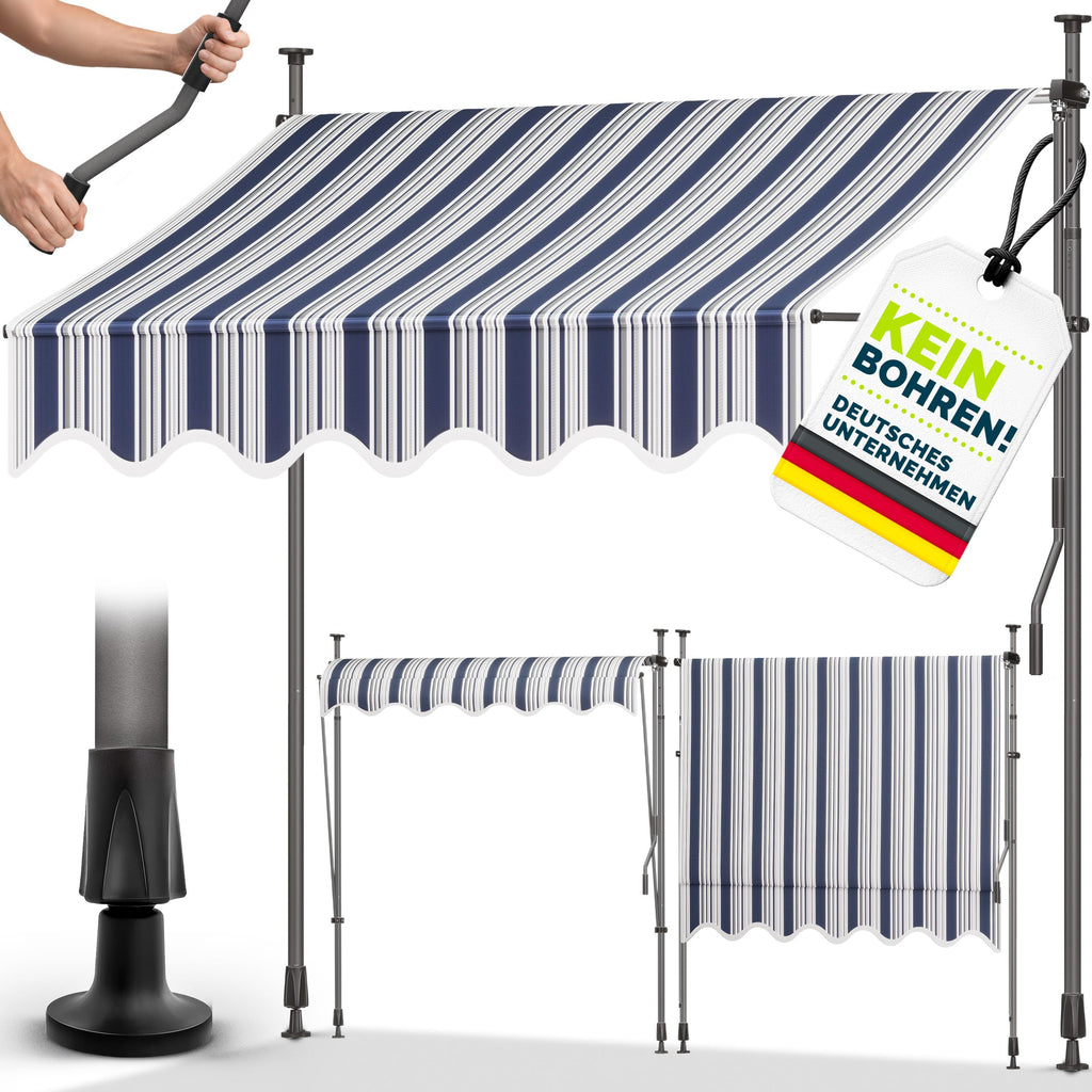 tillvex Klemmmarkise 350cm breit mit Handkurbel – Balkonmarkise ohne Bohren