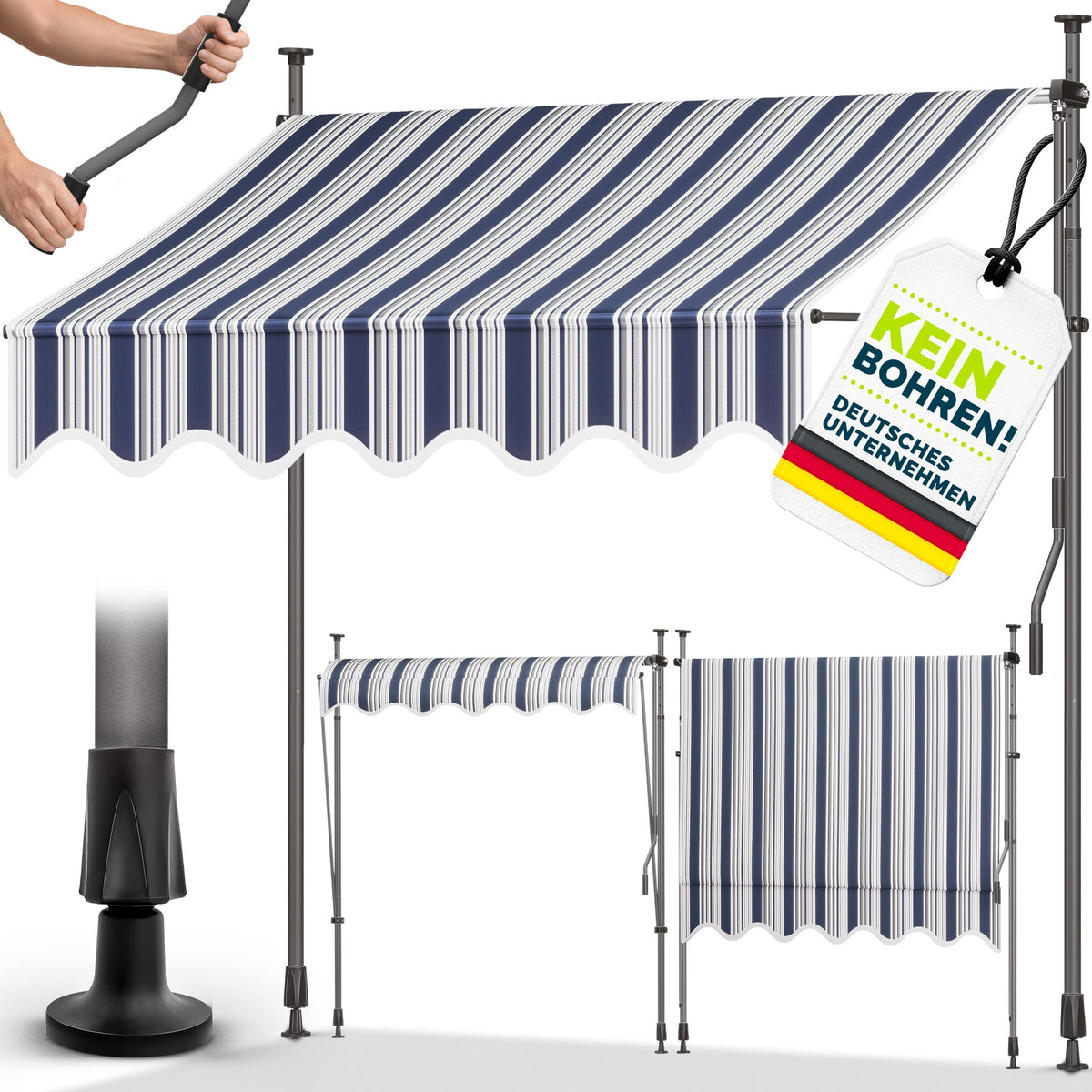 tillvex Klemmmarkise 350cm breit mit Handkurbel – Balkonmarkise ohne Bohren