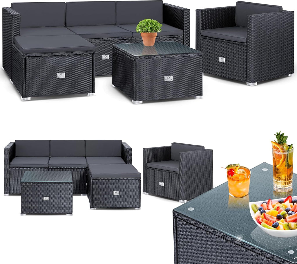 KESSER Polyrattan Lounge Aruba Anthrazit für 4 – 5 Personen – Gartenmöbel Set mit Sofa, Sessel, Hocker & Tisch