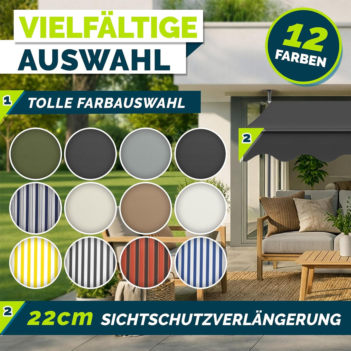 tillvex Klemmmarkise 350cm breit mit Handkurbel – Balkonmarkise ohne Bohren