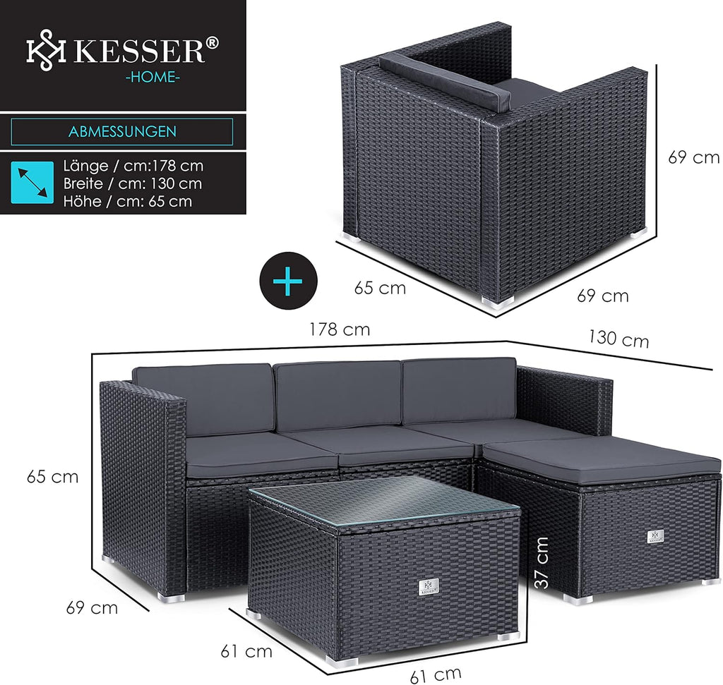 KESSER Polyrattan Lounge Aruba Anthrazit für 4 – 5 Personen – Gartenmöbel Set mit Sofa, Sessel, Hocker & Tisch