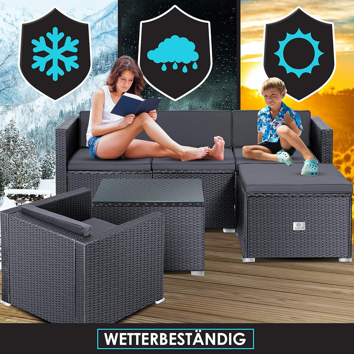 KESSER Polyrattan Lounge Aruba Anthrazit für 4 – 5 Personen – Gartenmöbel Set mit Sofa, Sessel, Hocker & Tisch