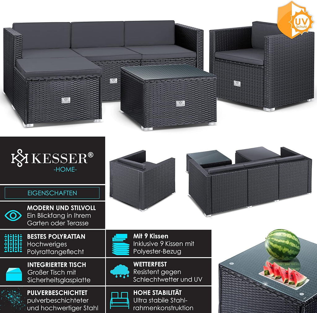 KESSER Polyrattan Lounge Aruba Anthrazit für 4 – 5 Personen – Gartenmöbel Set mit Sofa, Sessel, Hocker & Tisch